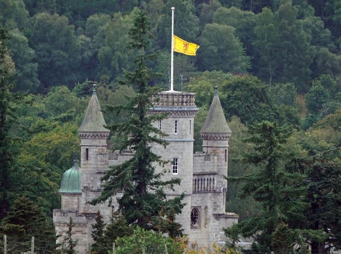 The Royal Banner of Scotland is flown at half mast at Balmoral following the death of Queen Elizabeth II on Thursday. Picture date: Friday September 9, 2022. (Photo by Owen Humphreys/PA Images via Getty Images)