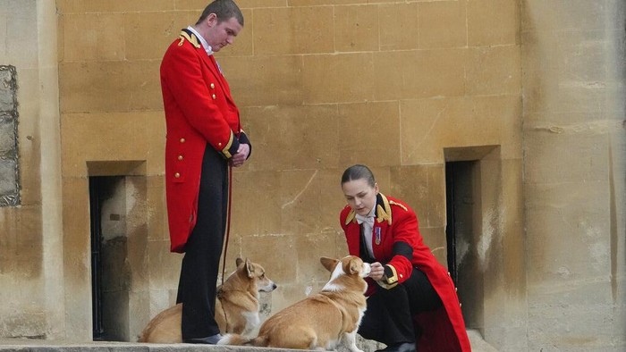 Members of staff, with corgi dogs, await the arrival of the coffin of Queen Elizabeth II at Windsor Castle, Windsor, England, Monday Sept. 19, 2022. The Queen, who died aged 96 on Sept. 8, will be buried at Windsor alongside her late husband, Prince Philip, who died last year. (AP Photo/Gregorio Borgia, Pool)