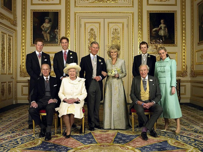 The Prince of Wales and his new bride Camilla, Duchess of Cornwall, with their children (L-R) Prince Harry, Prince William, Laura Parker Bowles and Tom Parker Bowles, in the White Drawing Room at Windsor Castle Saturday April 9 2005, after their wedding c