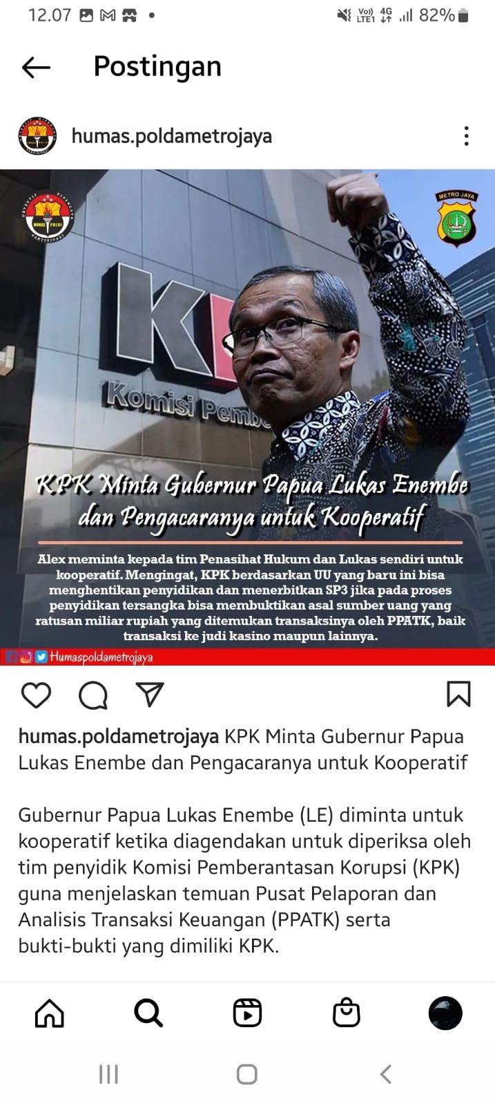 Postingan akun Instagram @humas.poldametrojaya soal Lukas Enembe, tetapi kini telah dihapus.