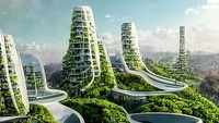 Manas Bhatia menggunakan kata-kata seperti menara futuristik, teknologi utopis, bioluminescent ke dalam AI, yang bisa menghasilkan gambar berdasarkan petunjuk tertulis. Hasilnya adalah gedung pencakar langit dan perumahan yang dipenuhi pepohonan dan tanaman seperti ini. Foto: Dok. Manas Bhatia