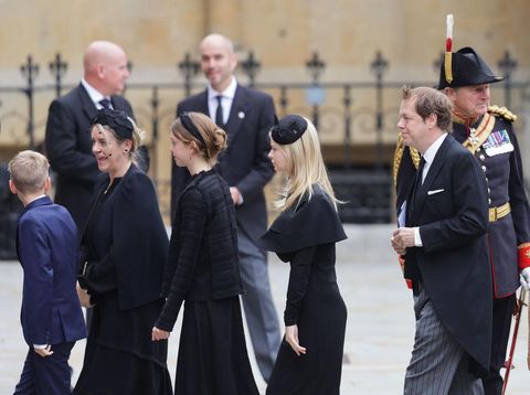 LONDON, ENGLAND - SEPTEMBER 19: Children of the Queen Consort, Laura Lopes and Tom Parker Bowles arrive with their family at Westminster Abbey ahead of The State funeral of Queen Elizabeth II on September 19, 2022 in London, England. Elizabeth Alexandra Mary Windsor was born in Bruton Street, Mayfair, London on 21 April 1926. She married Prince Philip in 1947 and ascended the throne of the United Kingdom and Commonwealth on 6 February 1952 after the death of her Father, King George VI. Queen Elizabeth II died at Balmoral Castle in Scotland on September 8, 2022, and is succeeded by her eldest son, King Charles III.  (Photo by Chris Jackson/Getty Images)