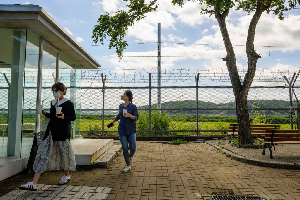 A man walks past the Bangbaedan Altar at the Imjingak 'peace park' near the Demilitarized Zone (DMZ) separating North and South Korea, in Paju on September 19, 2022. (Photo by Anthony WALLACE / AFP) (Photo by ANTHONY WALLACE/AFP via Getty Images)