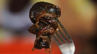 Seorang pria mengambil bekicot goreng dengan garpunya saat makan siang di sebuah restoran di Azaguie, Pantai Gading.