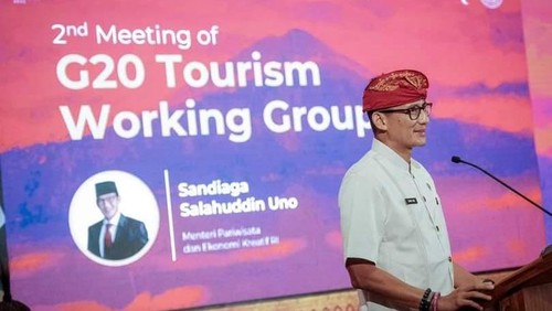 Menteri Pariwisata RI Sandiaga Salahuddin Uno saat Opening Remarks for the 2nd Tourism Working Group Meeting, Grand Hyatt, Nusa Dua, Jumat (23/9/2022). (Foto: Kemenparekraf)