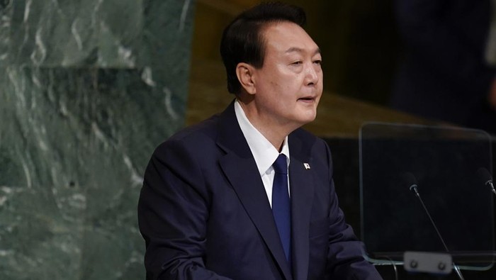 Yoon Suk Yeol, President of South Korea, addresses the 77th session of the General Assembly at United Nations headquarters, Tuesday, Sept. 20, 2022. (AP Photo/Seth Wenig)