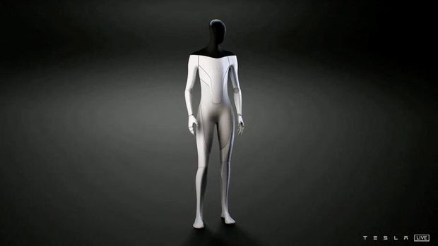 Sebuah robot humanoid yang dikembangkan oleh Tesla, yang dikenal sebagai Tesla Bot atau Optimus (via REUTERS/TESLA)