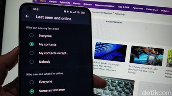 Fitur menyembunyikan status online WhatsApp dinjanjikan datang Agustus tapi molor, entah karena alasan apa. Beruntung setelah beberapa lama menanti, fitur itu sudah bisa dipakai oleh sebagian pengguna WhatsApp di Indonesia yang tergabung dalam program WhatsApp beta. Ini tampilannya dalam bahasa Inggris. Foto: Virgina Maulita Putri/detikinet