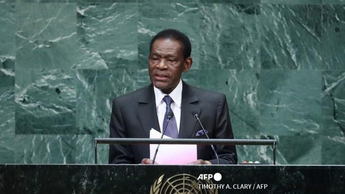 In this file photo taken on September 27, 2018 Teodoro Obiang Nguema Mbasogo, President of Equatorial Guinea, addresses the 73rd session of the General Assembly at the United Nations in New York. - President Teodoro Obiang Nguema Mbasogo, who has ruled Equatorial Guinea with an iron fist for more than 43 years, will seek a new term in November presidential elections, the vice president said Friday. (Photo by TIMOTHY A. CLARY / AFP)