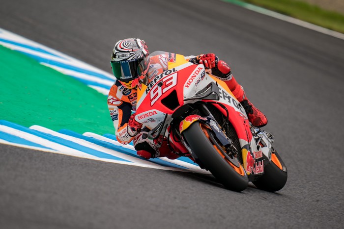 MOTEGI, JAPAN - SEPTEMBER 23: Marc Marquez of Spain and Repsol Honda Team rides during the free practice of the MotoGP Motul Grand Prix of Japan at Twin Ring Motegi on September 23, 2022 in Motegi, Japan. (Photo by Steve Wobser/Getty Images)