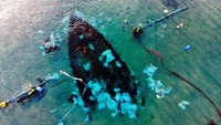 Pemandangan udara menunjukkan penggalian kapal kargo sepanjang 25 meter dari abad ke-7 atau ke-8 M yang membawa barang-barang dari seluruh Mediterania di Kibbutz Maagan Michael, Israel. 