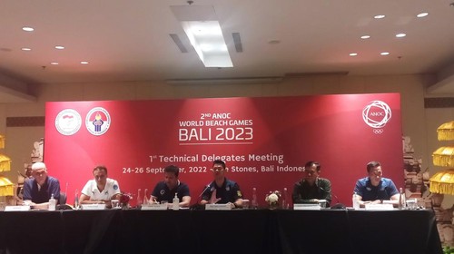 Konferensi pers World Beach Games 2023 di Kabupaten Badung, Bali, Minggu (25/9/20220. (I Wayan Sui Suadnyana/detikBali)