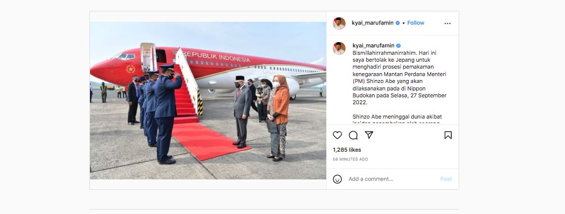 Wakil Presiden Ma'ruf Amin berangkat ke Tokyo, Jepang, untuk menghadiri prosesi pemakaman kenegaraan mantan Perdana Menteri (PM) Jepang Shinzo Abe. (Tangkapan layar via Instagram @kyai_marufamin)