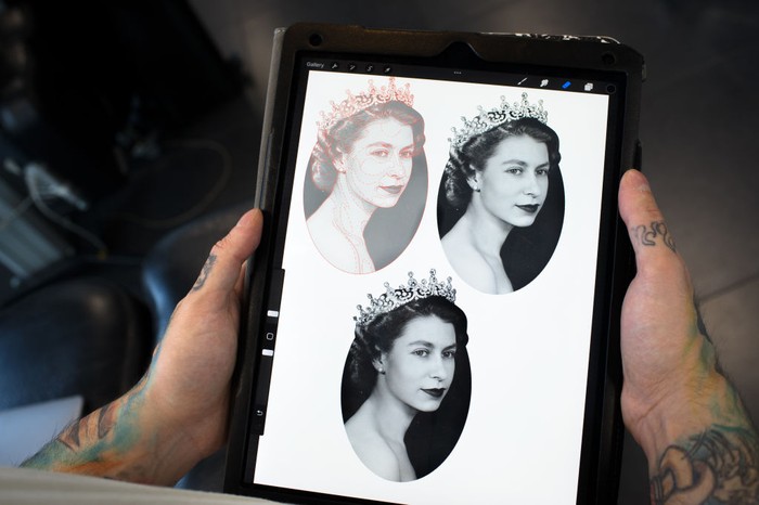 LONDON, ENGLAND - SEPTEMBER 22: A micro portrait of Queen Elizabeth II tattooed a few days ago on September 22, 2022 in London, England. The 27-year-old tattoo artist Felix known as Felix Thomas Tattoo had a portrait of the Queen tattooed two days after her death as a tribute and sign of respect for the Queen done by tattoo artist Julian known as Maram Tattoo, in No Regrets Studio in London. Elizabeth Alexandra Mary Windsor was born in Bruton Street, Mayfair, London on 21 April 1926. She married Prince Philip in 1947 and acceded to the throne of the United Kingdom and Commonwealth on 6 February 1952 after the death of her Father, King George VI. Queen Elizabeth II died at Balmoral Castle in Scotland on September 8, 2022, and is succeeded by her eldest son, King Charles III.(Photo by Laura Lezza/Getty Images)