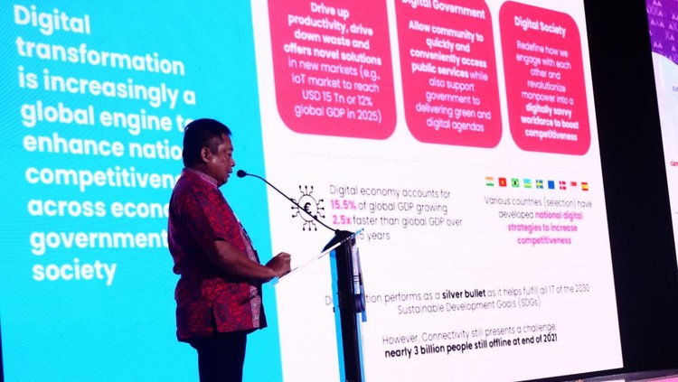 Batic 2022 di Bali Prosesi Pembukaan Acara BATIC 2022 dengan Memukul Gondang oleh Komisaris Telkom Marcelino Pandin (kedua dari kanan), Direktur Utama Telkom Ririek Adriansyah (kedua dari kiri), Direktur Wholesale & International Service Telkom Bogi Witjaksono (paling kanan), dan CEO Telin Budi Satria Dharma Purba (paling kiri) di Hotel Hilton, Nusa Dua Bali.