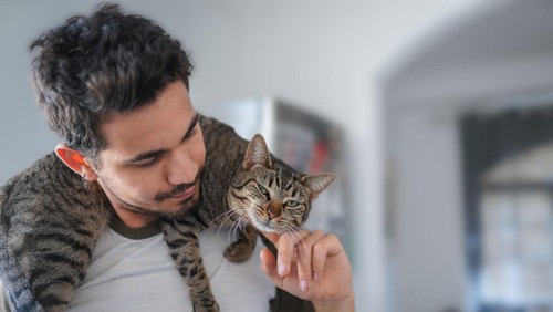 young man interacts with pets
