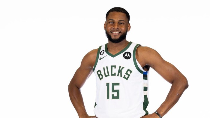 MILWAUKEE, WISCONSIN - SEPTEMBER 25: Marques Bolden #15 of the Milwaukee Bucks poses for portraits during media day at Fiserv Forum on September 25, 2022 in Milwaukee, Wisconsin. NOTE TO USER: User expressly acknowledges and agrees that, by downloading and or using this photograph, User is consenting to the terms and conditions of the Getty Images License Agreement. (Photo by Patrick McDermott/Getty Images)
