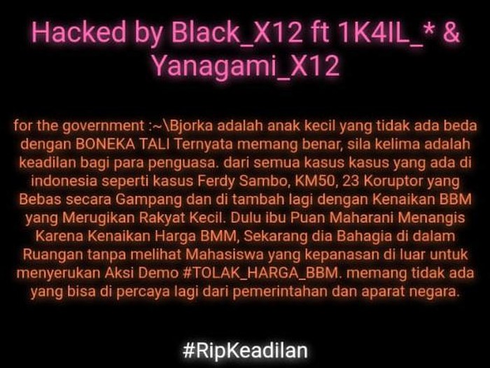 Penampakan halaman situs Pemprov Sultra saat diretas Bjorka.