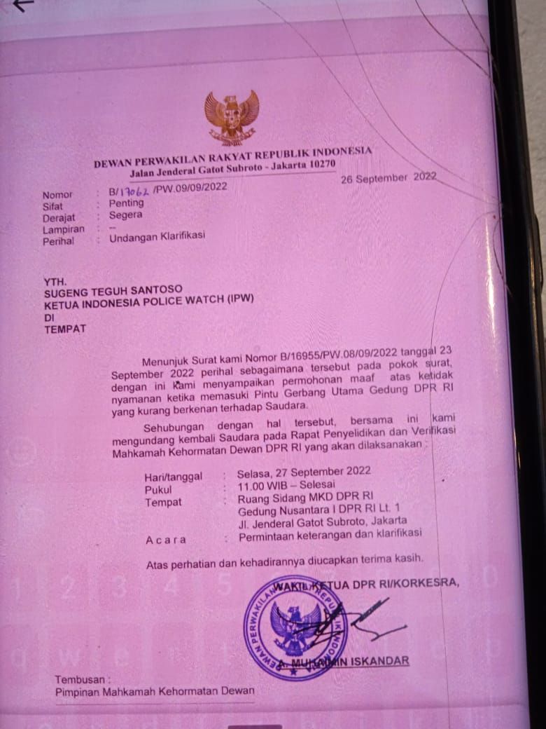 Surat MKD untuk Ketua IPW Sugeng Teguh Santoso. (Dok Sugeng Teguh Santoso/detikcom)