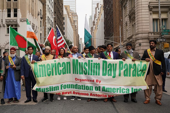 NEW YORK, USA - SEPTEMBER 25: The annual United American Muslim Day Parade held in New York City, United States on Sunday, September 25, 2022. Muslims with different backgrounds from all over the world gathered in the city and chanted religious slogans. They also held a congregational prayer in the street. The event was held from 10 am to 6 pm on the Madison Avenue between East 24th and East 26th Street. (Photo by Lokman Vural Elibol/Anadolu Agency via Getty Images)