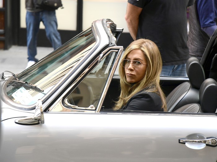 NEW YORK, NY - SEPTEMBER 26:  Jennifer Aniston on location for 'The Morning Show' on September 26, 2022 in New York City.  (Photo by Raymond Hall/GC Images)