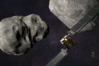 This illustration made available by Johns Hopkins APL and NASA depicts NASAs DART probe, foreground right, and Italian Space Agencys (ASI) LICIACube, bottom right, at the Didymos system before impact with the asteroid Dimorphos, left. DART is expected to zero in on the asteroid Monday, Sept. 26, 2022, intent on slamming it head-on at 14,000 mph. The impact should be just enough to nudge the asteroid into a slightly tighter orbit around its companion space rock. (Steve Gribben/Johns Hopkins APL/NASA via AP)