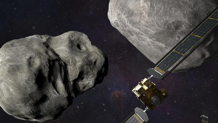 This illustration made available by Johns Hopkins APL and NASA depicts NASAs DART probe, foreground right, and Italian Space Agencys (ASI) LICIACube, bottom right, at the Didymos system before impact with the asteroid Dimorphos, left. DART is expected to zero in on the asteroid Monday, Sept. 26, 2022, intent on slamming it head-on at 14,000 mph. The impact should be just enough to nudge the asteroid into a slightly tighter orbit around its companion space rock. (Steve Gribben/Johns Hopkins APL/NASA via AP)