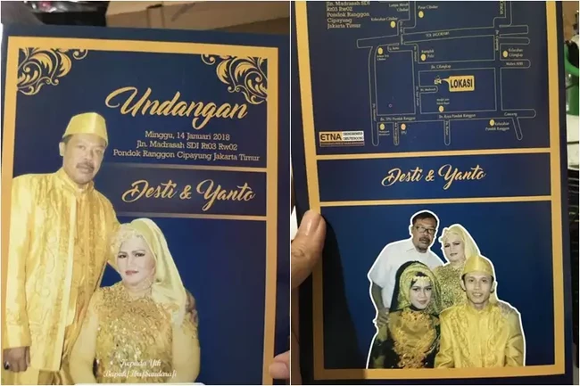 Kira-kira ini kesalahan yang desain undangan atau memang permintaan dari calon pengantin ya? Jadi bikin bingung yang sebenarnya mau menikah ayah ibunya atau anaknya nih.. Foto: Instagram/@screensyit