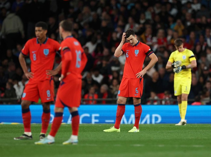 LONDON, ENGLAND - SEPTEMBER 26: Harry Maguire of England reacts after Kai Havertz (not pictured) of Germany scores their team's second goal during the UEFA Nations League League A Group 3 match between England and Germany at Wembley Stadium on September 26, 2022 in London, England. (Photo by Eddie Keogh - The FA/The FA via Getty Images)