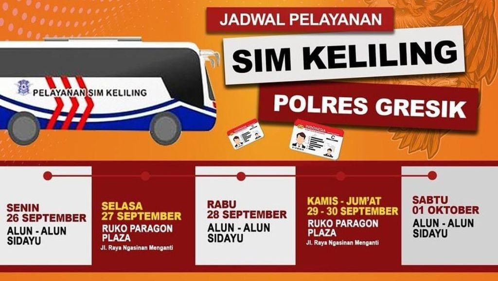 Catat Rek, Lokasi Mobil SIM Keliling Gresik Sabtu 1 Oktober 2022