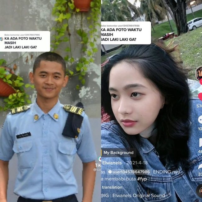 Pria tersebut mengunggah transformasinya menjadi wanita di akun TikTok @sielwan_. Dalam video yang berdurasi 15 detik itu, ia memperlihatkan foto zaman dulu saat masih berambut cepak dan memakai seragam taruna. Ia juga membagikan foto saat di sebuah sekolah SMK di Kabupaten Tangerang. Ia memakai sepatu PDL lengkap seperti sedang wajib militer. Foto: Dok. TikTok @sielwan_.
