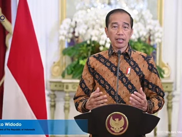 Presiden Jokowi memberikan sambutan lewat video di World Tourism Day di The Nusa Dua, Kabupaten Badung, Bali, Selasa (27/9/2022).