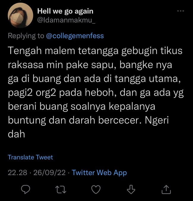 Kalau pengalaman yang satu ini sih horror banget bikin ngeri sekaligus jadi nggak nafsu makan setelahnya. Bagaimana tidak, pagi-pagi udah lihat tikus tanpa kepala. Ada yang pernah ngalamin juga? Foto: Twitter