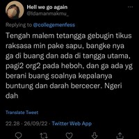 Kalau pengalaman yang satu ini sih horror banget bikin ngeri sekaligus jadi nggak nafsu makan setelahnya. Bagaimana tidak, pagi-pagi udah lihat tikus tanpa kepala. Ada yang pernah ngalamin juga? Foto: Twitter