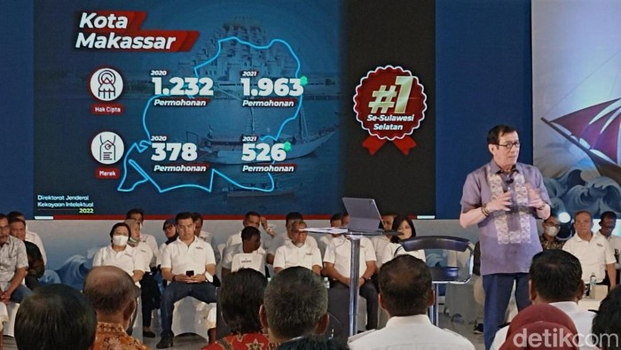 Menkumham Yasonna Laoly saat memberi arahan soal kekayaan intelektual di Makassar.