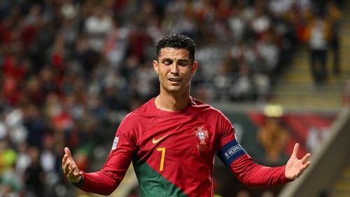 BRAGA, PORTUGAL - SEPTEMBER 27: Cristiano Ronaldo of Portugal reacts during the UEFA Nations League League A Group 2 match between Portugal and Spain at Estadio Municipal de Braga on September 27, 2022 in Braga, Portugal. (Photo by Octavio Passos/Getty Images)