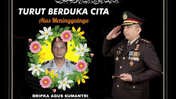 Ucapan duka cita Polres Magetan untuk Bripka Agus Sumantri yang meninggal usai mobil yang dikemudikan ditabrak Bus Eka.