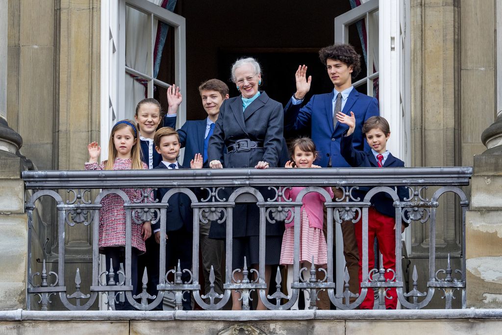 COPENHAGEN, DENMARK - APRIL 16: Queen Margrethe of Denmark, Prince Christian of Denmark, Princess Isabella of Denmark, Prince Vincent of Denmark, Princess Josephine, Prince Nikolai of Denmark, Prince Felix of Denmark, Prince Henrik of Denmark and Princess Athena of Denmark pose on the balcony of Amalienborg palace during the Danish Queen's 78th Birthday celebrations on April 16, 2018 in Copenhagen, Denmark.  (Photo by Patrick van Katwijk/Getty Images)