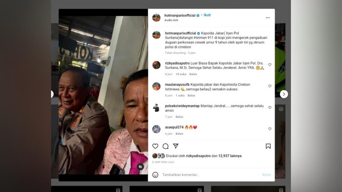 Unggahan Hotman Paris bersama Kapolda Jabar Irjen Pol Suntana.