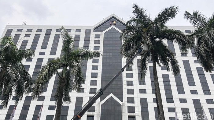 Wow! Pangkas Pelepah Palem Saja Pakai Crane Petugas mengoperasikan telescopic crane untuk melakukan perawatan pohon palem peneduh jalan di Jl Pintu Satu Senayan, Jakarta, Kamis (29/9). Begini prosesnya.