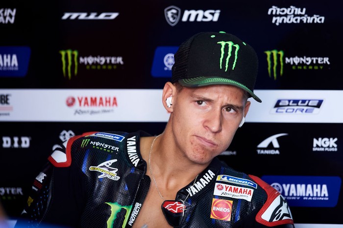 Fabio Quartararo (20) of France and Monster Energy Yamaha MotoGP sitting inside his box during the free practice of Gran Premio Animoca Brands de Aragon at Motorland Aragon Circuit on September 16, 2022 in Alcaniz, Spain. (Photo by Jose Breton/Pics Action/NurPhoto via Getty Images)