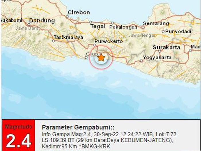 Gempa bumi magnitudo (M) 2,4 di Kabupaten Kebumen, Jawa Tengah, Jumat (30/9/2022).