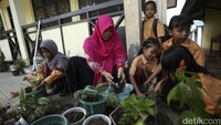 Selain melakukan aksi bersih, anak-anak juga diajarkan menanam tanaman di pot.