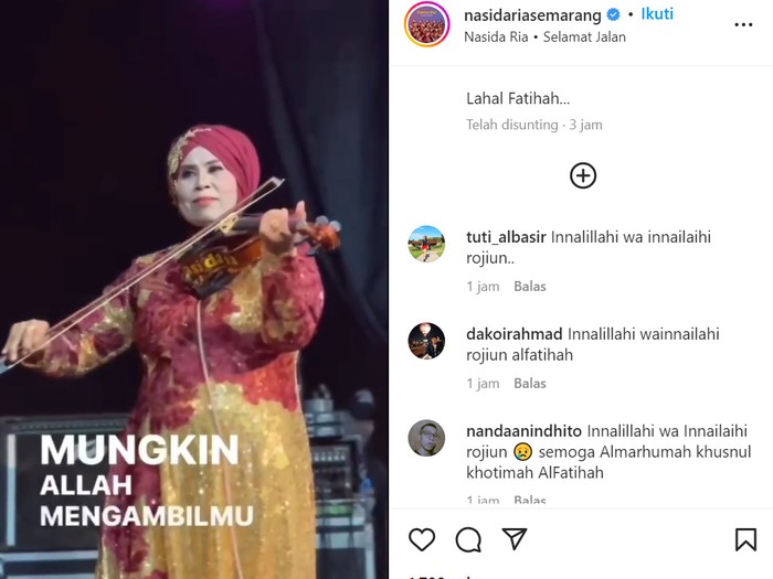 Nadhiroh vokalis dan violis andalan Nasida Ria meninggal, Kamis (29/9/2022)