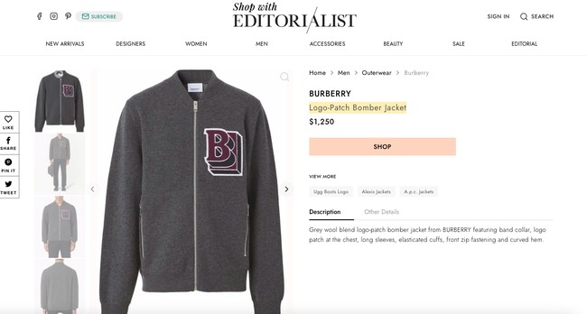 Jaket yang dimaksud adalah Logo-Patch Bomber Jacket. Department store premium Inggris Harrods sempat menjual versi warna abu-abunya, tapi outerwear berbahan wool tersebut kini berstatus sold-out alias habis terjual. Adapun situs Editorial List masih memiliki stok jaket yang sama. Harga yang tertera mencapai US$ 1.250 atau sekitar Rp 21 juta. (Foto: Dok. Editorial List)