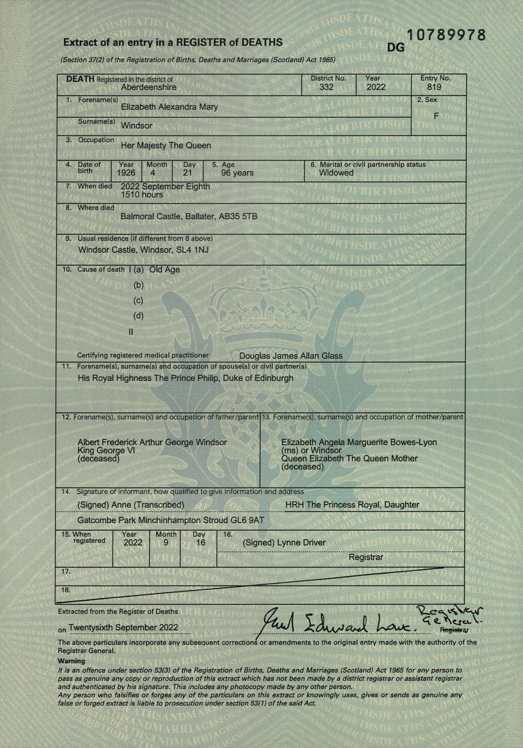 An extract from the entry of Britain's late Queen Elizabeth in the Register of Deaths, which can also be referred to as a death certificate, published by the National Records of Scotland, is seen in this image obtained by Reuters on September 29, 2022. National Records of Scotland/Handout via REUTERS THIS IMAGE HAS BEEN SUPPLIED BY A THIRD PARTY. NO RESALES. NO ARCHIVES. MANDATORY CREDIT     TPX IMAGES OF THE DAY