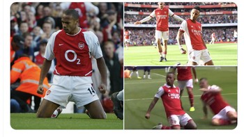 Gaya selebrasi pemain Arsenal mencetak gol yang sama dari masa ke masa. Foto: Twitter