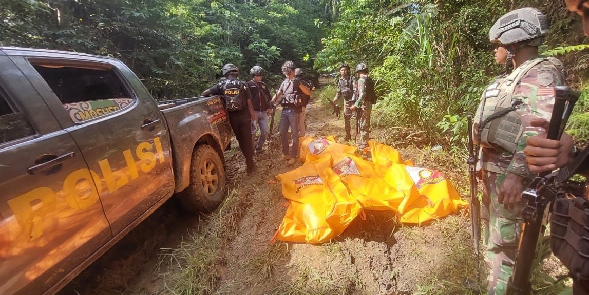 Proses evakuasi jenazah korban KKB di Bintuni, Papua Barat.
