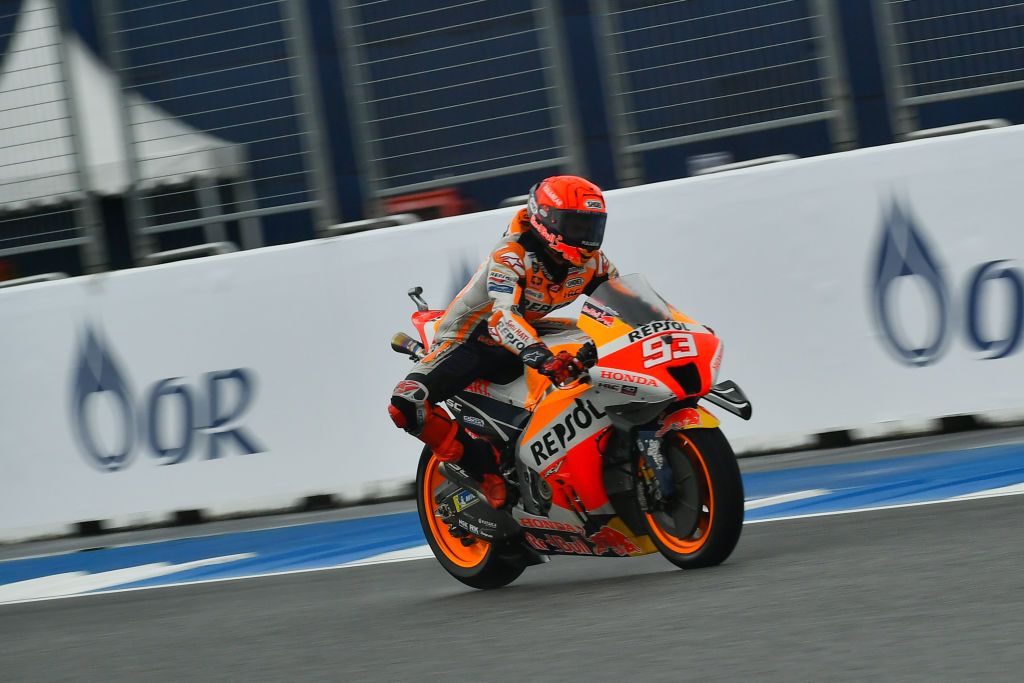 Marc Marquez as the Spanish MotoGP rider no.  93 Repsol Honda Team during the MotoGP race at Chang International Circuit on October 2, 2022 in Buriram, Thailand.  (Photo by Vachira Vachira / NurPhoto via Getty Images)