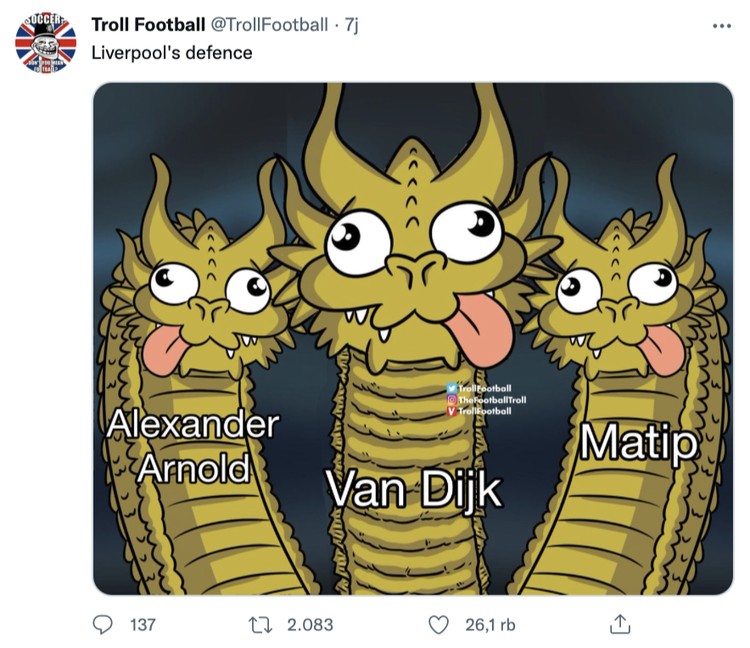 Meme Virgil van Dijk iseng edit netizen mirip Harry Maguire karena penampilannya yang burusak saat membela Liverpool.